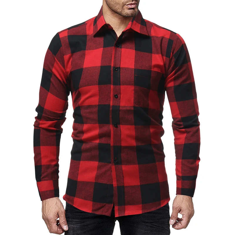 Для мужчин рубашки в клетку мода Корейский диких повседневные рубашки с длинными рукавами Slim Fit плюс Размеры фланель Мужская одежда красный