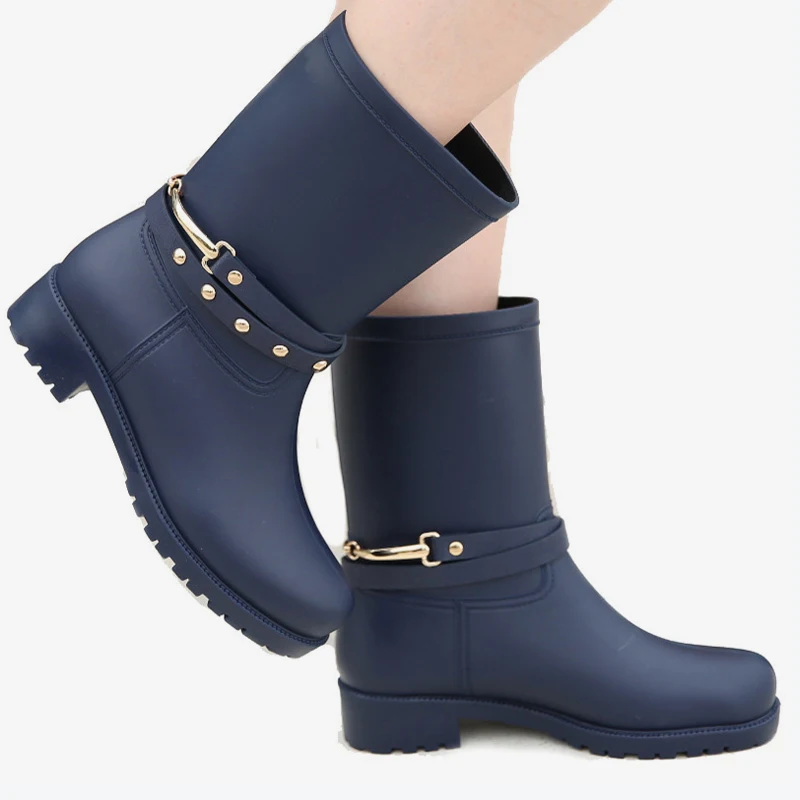 

New Women Metal Rubber Ankle Rain Boots 2018 Ladies Fashion Waterproof Shoes Female Non Slip Plus Size Thick Low Heels