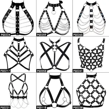 

Black Leather Sexy Body Harness Women Top Cage Hollow Out Bra Rivet Punk Gothic Metal Chain Strappy Lingerie Plus Size Art Wear