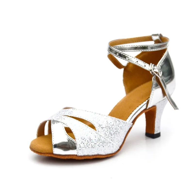High Quality Lady Women Sequin Tango Salsa Ballroom Latin Dance Shoes with Suede Sole 2.36 Inch Heels