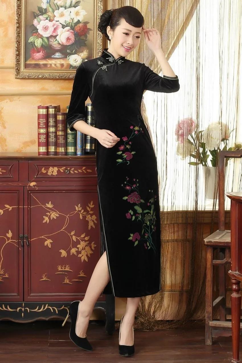 Шанхай история китайский стиль длинное платье Ципао женские платья Осень Цветочная вышивка платье бархат qipao платье 3 стиля