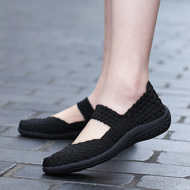Women Shoes Summer Flats Sneakers Slip On Fashion Woven Breathable Loafers Casual Plus Size 42