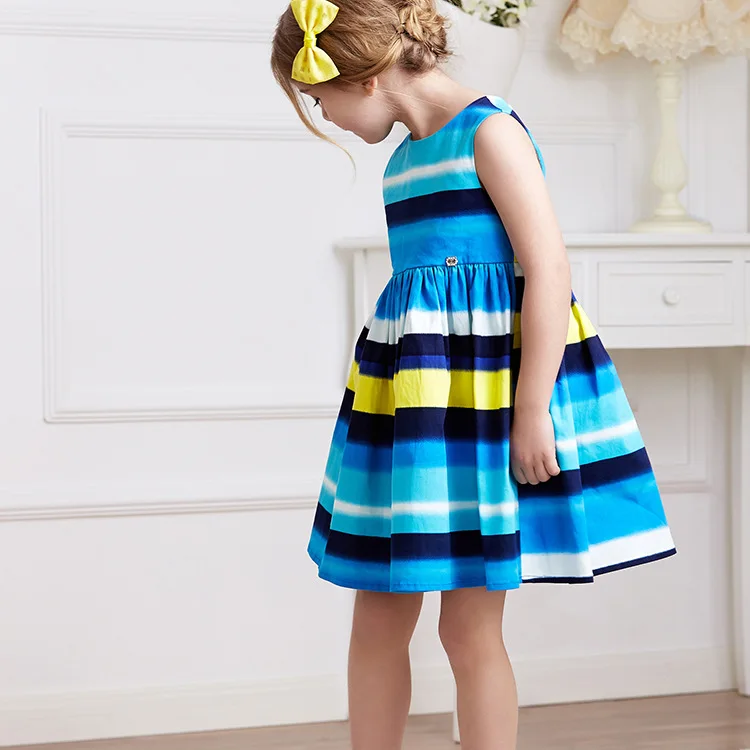 

New Summer Girl Dress cotton blue striped Sundress Party Birthday Casual Children Clothes Size 2-8 years school clothing