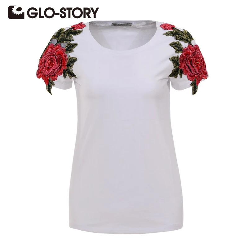 

GLO-STORY Women Embroidered T-Shirts 2018 Summer Fashion Short Sleeve Tops Femme Causal White Knitted Top tees 5677