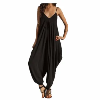 

Summer New Pattern Low-chest V-neck Sexy Sling Beach Casual Loose Jumpsuit Women