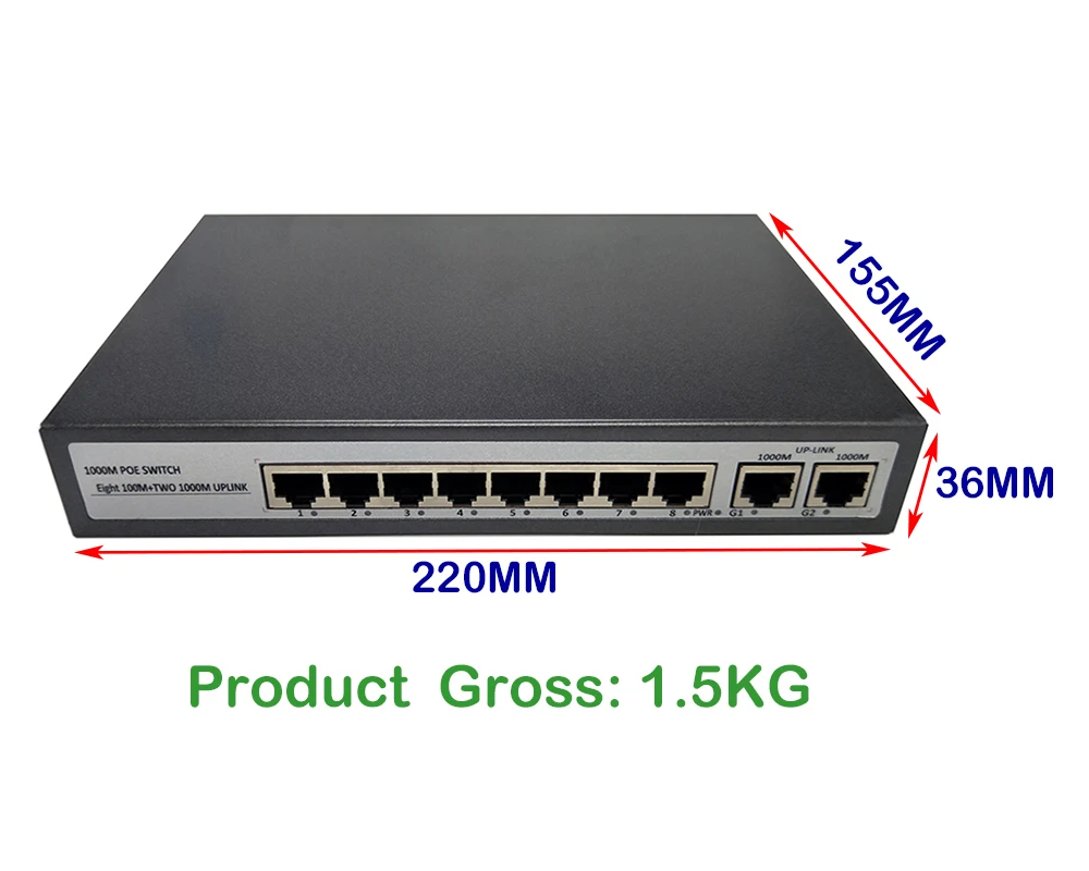 Коммутатор PoE 8 каналов 10/100 Мбит/с + 2 канала Up Link 1000 м Onvif порт коммутатор Fast Ethernet