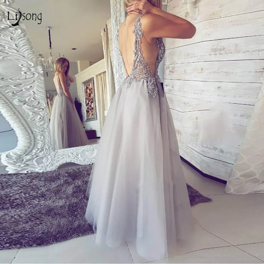 

Sexy Silver Lace Evening Dresses Semi Illuion Long A-line Evening Gowns High Side Split Backless Formal Party Dresses Plus Size