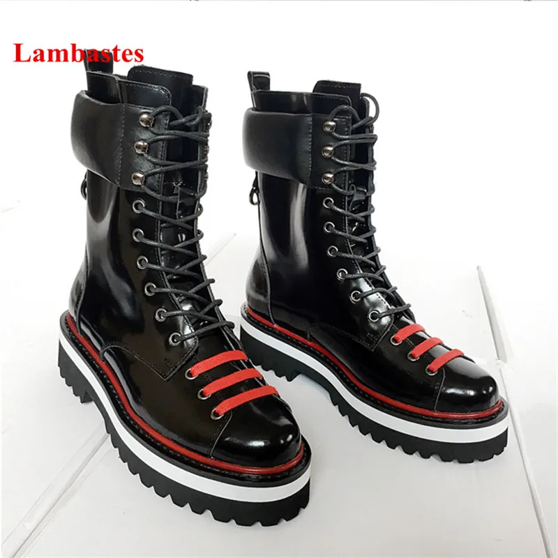 

2018 Winter Mixed Color Boots Women Patent Leather Metal Decoration Ankle Boots Cross-tied High Platform Motorcycle Bottes Femme