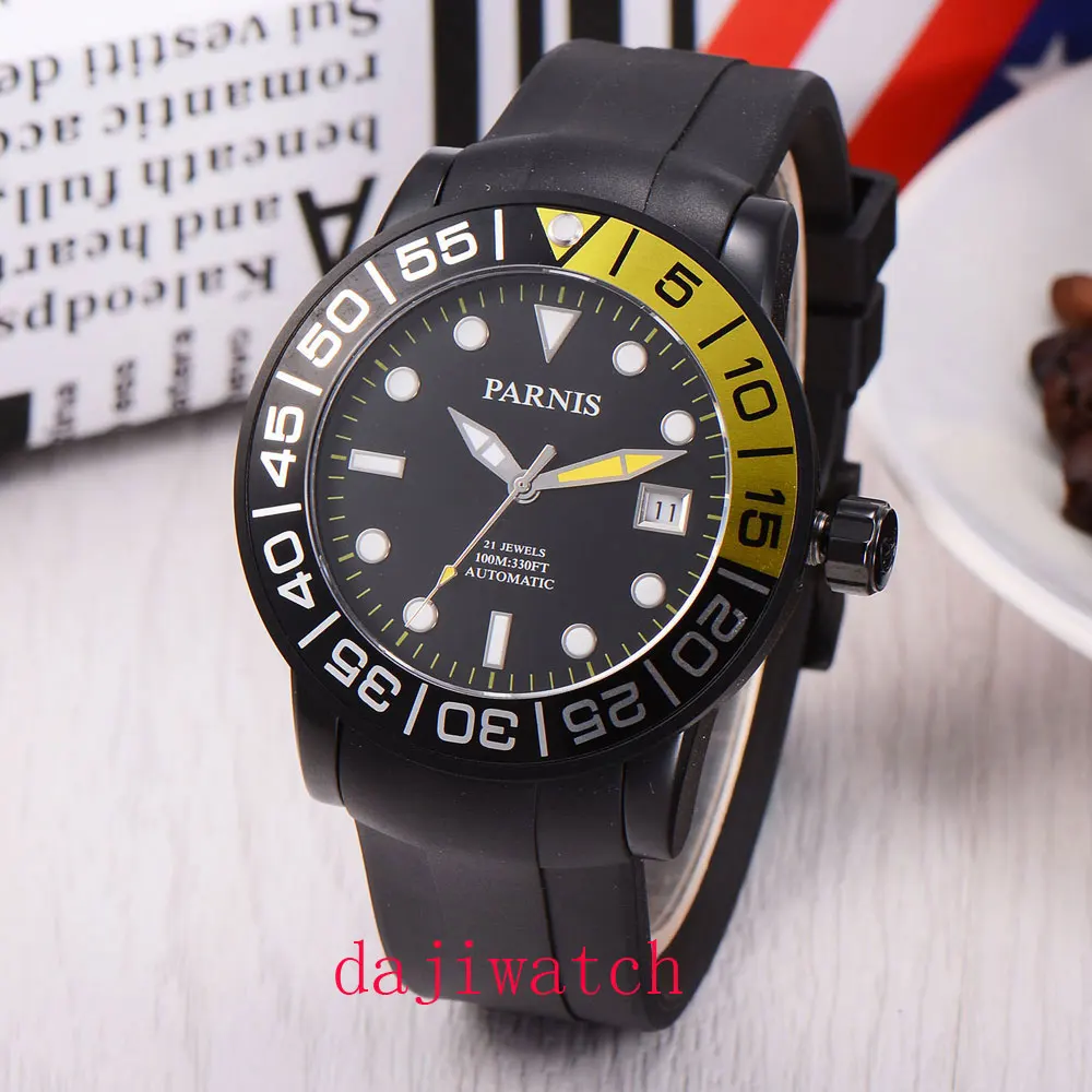 

Parnis Mechanical Men Automatic Watch 42mm Sport Clock Luminous Black Case Diver Waterpoof Male Wristwatch relojes hombre