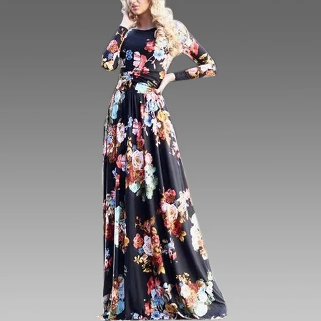 Vintage Print Floral Maxi Dress Women Long Sleeve Empire Tunic Dress