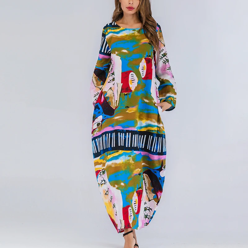 

Womens Ladies Party Summer Dress Plus Size Maxi Fashion Beach Round Neck Retro Stylish Long Sleeves Casual Pocket