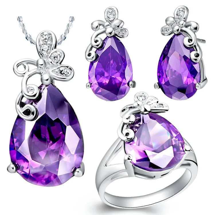 

brincos wholesal WGP Zircon Gem Noble Rich Butterfly stone Gem Stone Set Lady's Ring Earrings Necklace White Filled