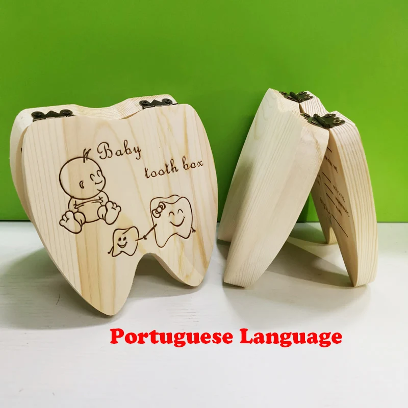 Деревянный Детский ящик для зубов английский/испанский/португальский молочные зубы пуповины органайзер для хранения мальчиков и девочек сувенир чехол подарки для детей - Цвет: Portuguese Language