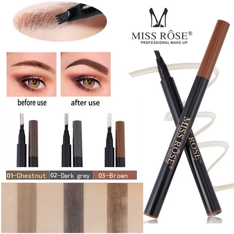 

Miss Rose Fine Sketch Liquid Eyebrow Pencil 4 Heads Fork Tip Eye Brow Tint Pen Lasting Easywear Eyebrow Tattoo Enhancer Makeup