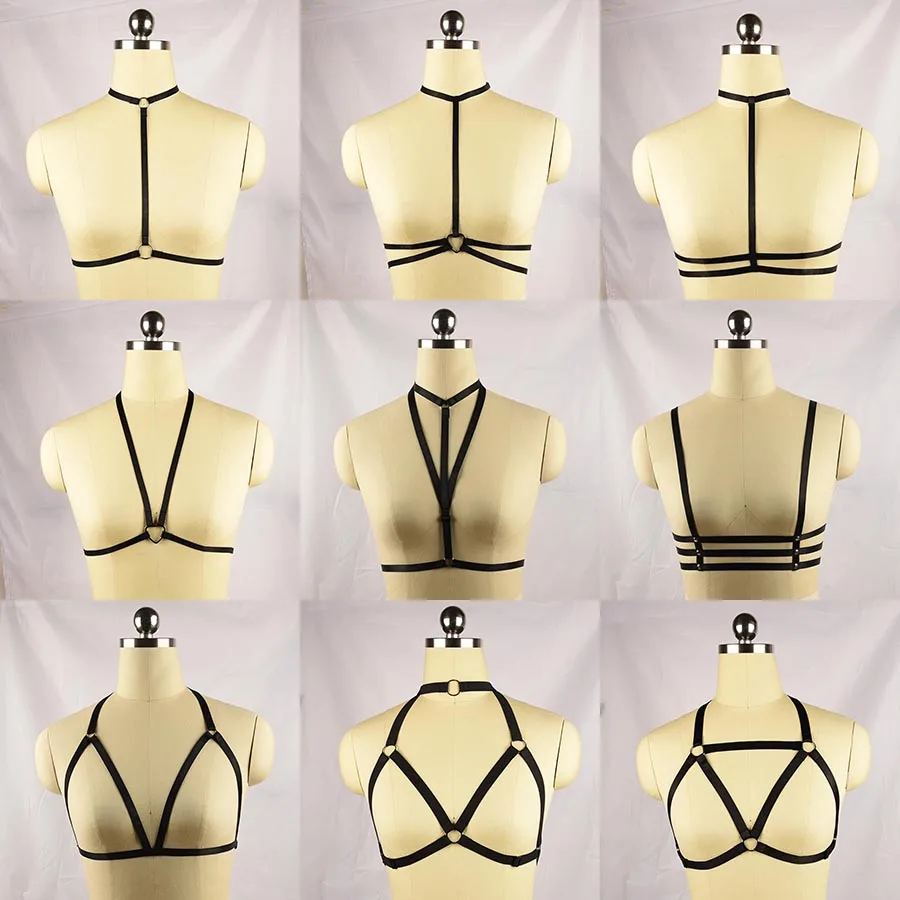 

Polyester Black Harness Women Fetish Tops Bodysuit Harajuku Strappy Body Harness Women Gothic Bondage Harness Lingerie Cage Bra