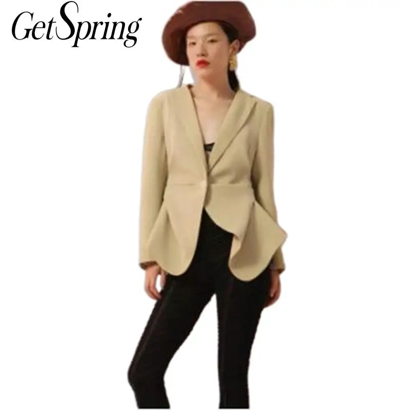 

GETSRING Ladies Blazer Jacket Pleated Asymmetrical Womens Blazers Long Sleeve Single Button Suit Coat Slim Women Tops Autumn New