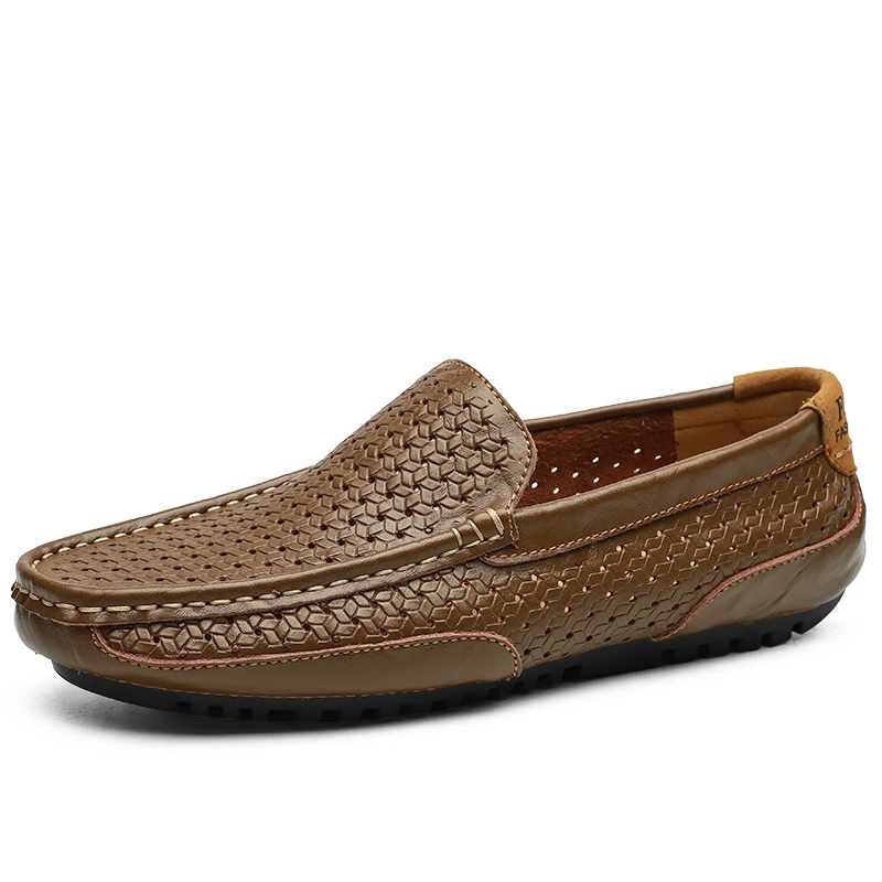 Высококачественная кожаная мужская повседневная обувь; Мужская Летняя обувь; дышащая износостойкая мужская обувь на полой подошве с мягкой подошвой - Цвет: Dark brown