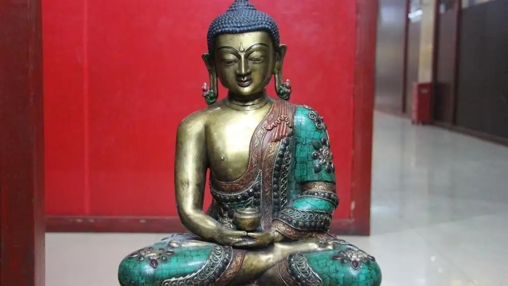 

15 Tibet Copper Bronze Gilt inlay turquoise Ruby beryl Amitayus Sakyamuni Buddha