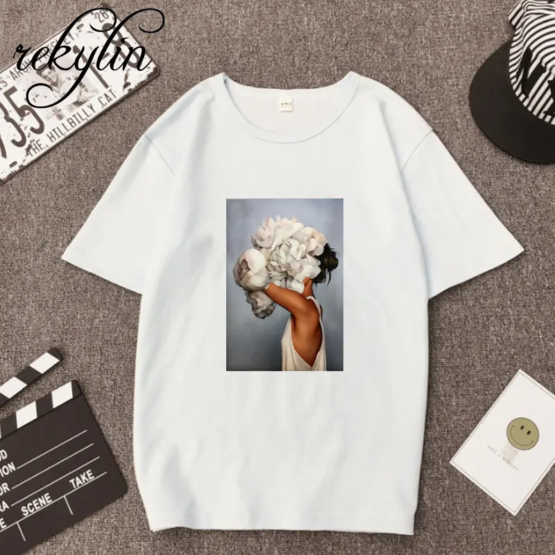

New 100% Cotton Harajuku Aesthetics Tshirt Sexy Flowers Feather Print Short Sleeve Tops & Tees Fashion Casual Couple T Shirt