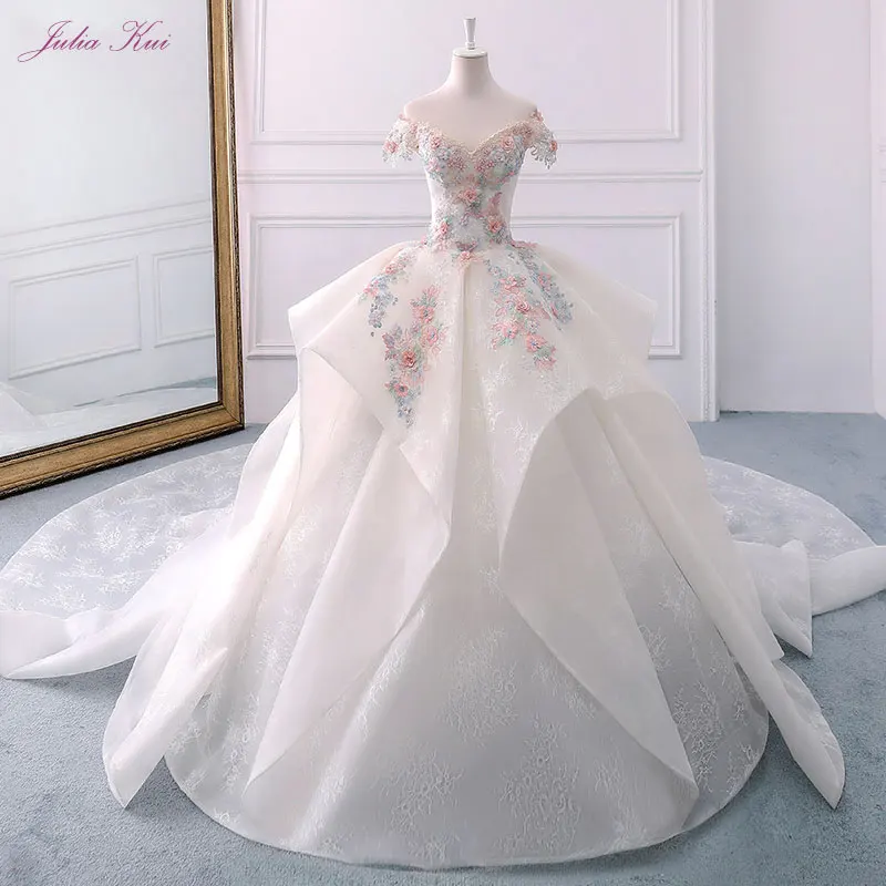 Элегантное кружевное Милая Аппликация Длинные Бисер Кристаллы с плеча шнуровке бальное платье 3D цветы оборками свадебные платья
