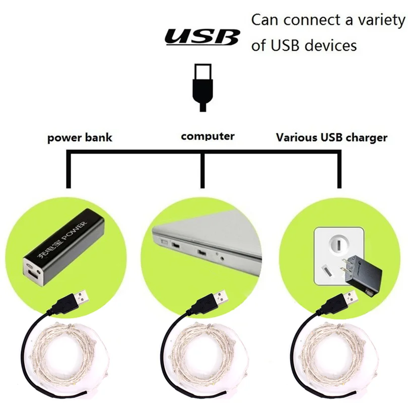 USB 100 светодиоды Медная проволока огни 10 м строки Батарея коробка для