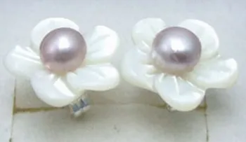 

SALE Big 14mm Shell fleuret and 5-6mm Purple pearl Earringse with Stering Silver 925 stud-ear209