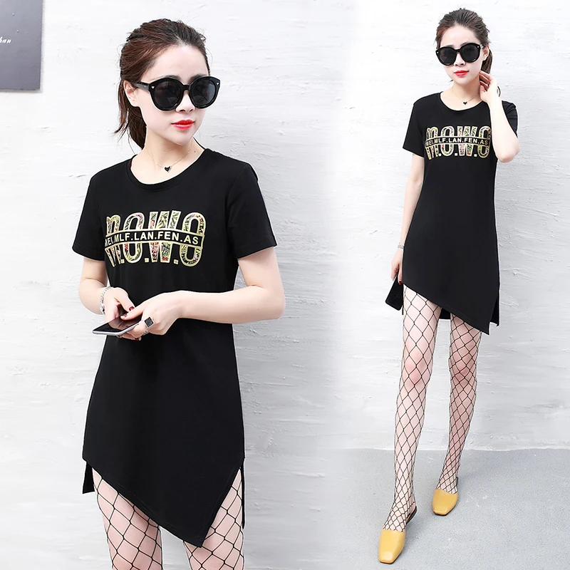 

Factory Direct Women Tops Tees 95%Cotton+5%Spandex printing decorative casual The new oblique pendulum Short sleeve long t-shirt