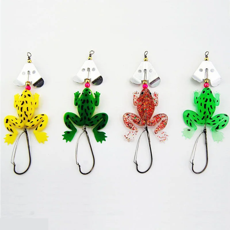 

1pcs Rubber Soft Frog Fishing Tools Green Yellow Clear Floating Frog Fishing Spinnerbait With Spinner Blades Weight 7g