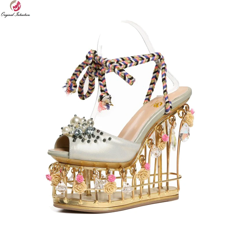 Original Intention New Women Sandals Fashion Open Toe Wedges Sandals Flowers Light Green Ladies 