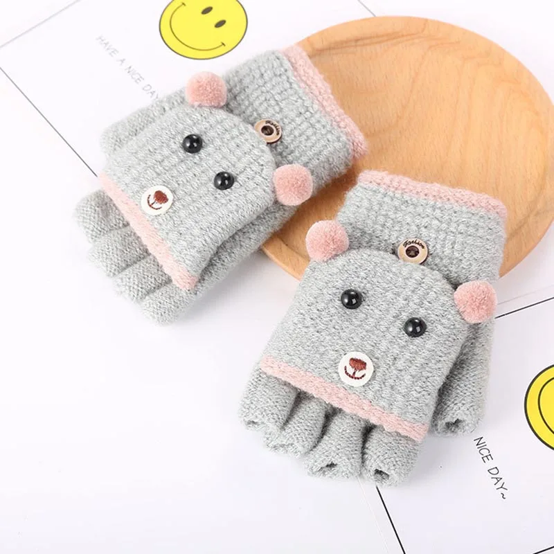 Зимние Детские перчатки для детей от 4 до 10 лет вязаные перчатки с рисунком медведя теплые варежки с открытыми пальцами модные детские перчатки для мальчиков и девочек