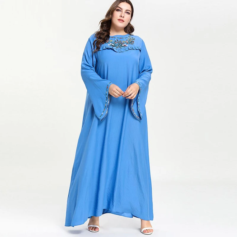 2019 женское мусульманское платье исламское платье с вышивкой Турецкая абайа Дубай плюс размер длинные платья с длинным рукавом vestidos синий