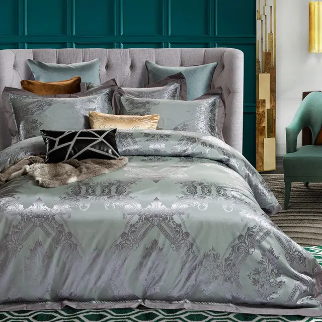 4pc Gray gold Jacquard bedding sets queen king size duvet cover set Silk Cotton blend Fabric