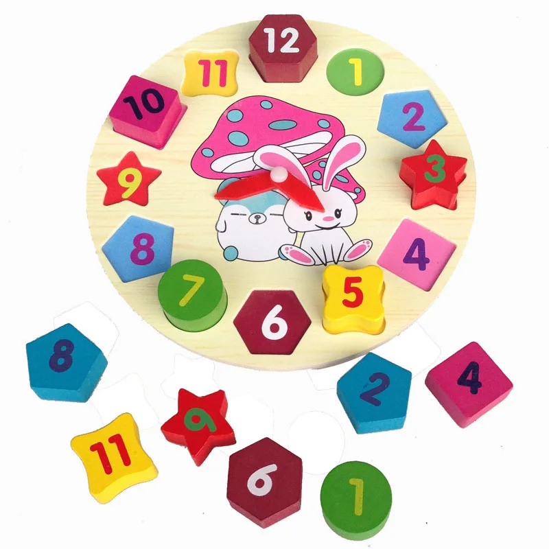 Woodden мультфильм часы кролика геометрическая форма соответствия детские деревянные развивающие игрушки цифровые часы Геометрическая