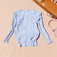 Блузка для девочек-подростков от 2 до 15 лет осенние школьные топы в полоску с длинными рукавами и оборками для девочек, детские рубашки, одежда JW2427