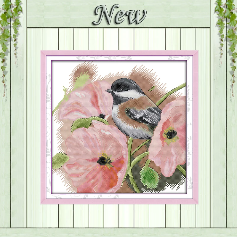 

The bird with poppies animal flowers painting counted print on canvas DMC 11CT 14CT kits Cross Stitch embroidery needlework Sets