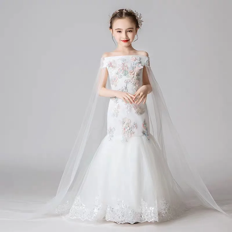 Summer Children Girls Luxury New White Color Shoulderless Birthday Wedding Party Fluffy Trailing Dress Kids Evening Host | Детская
