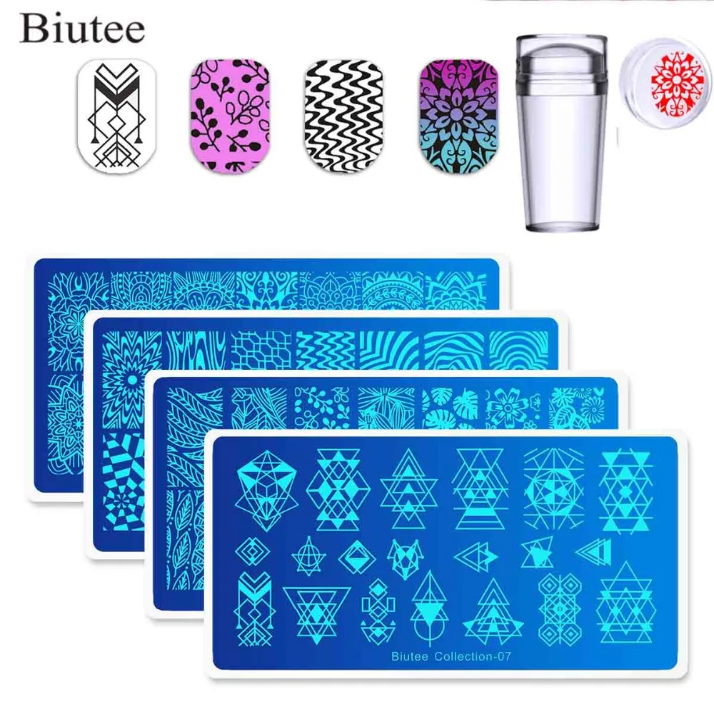 

Biutee Nail Art Stamp Stamping Templates Stamper Scraper Kit 4 Manicure Plates Set with 1 Polish Stamper Leaves Flowers Decor