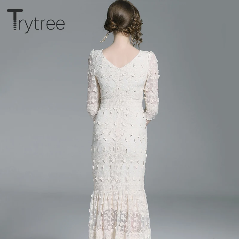 Trytree, лето, осень, элегантное, Русалочка, одноцветное платье, кружево, o-образный вырез, полиэстер, повседневные женские платья, ТРАПЕЦИЕВИДНОЕ, до середины икры, для офиса, женское платье