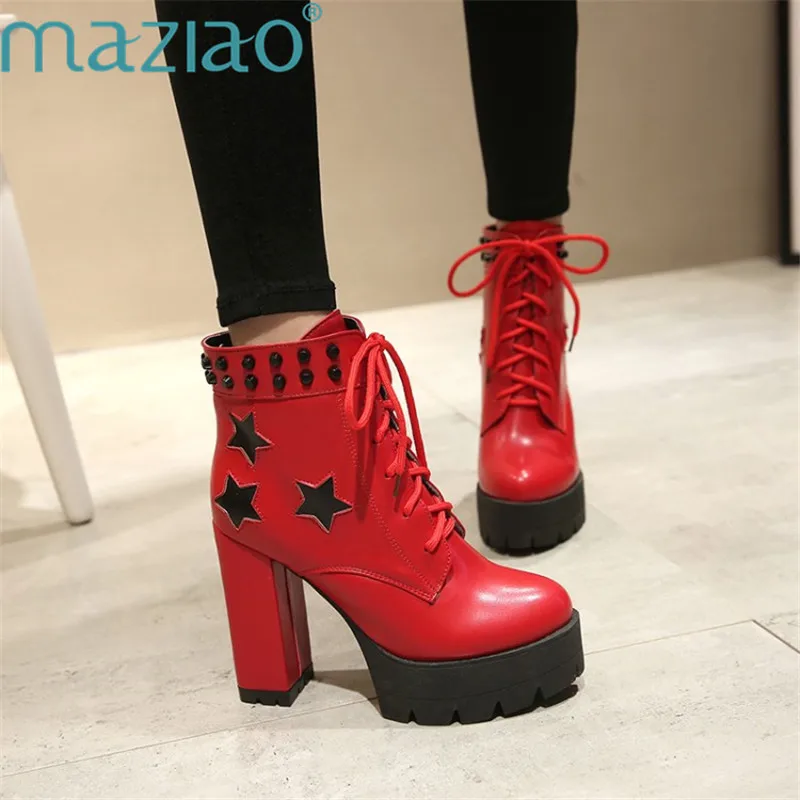 

Star Pattern Hot Sale Short Round Toe Shoes Platform Martin Boots Lace Up Thick High Heels Shoes Ankle Boots MAZIAO