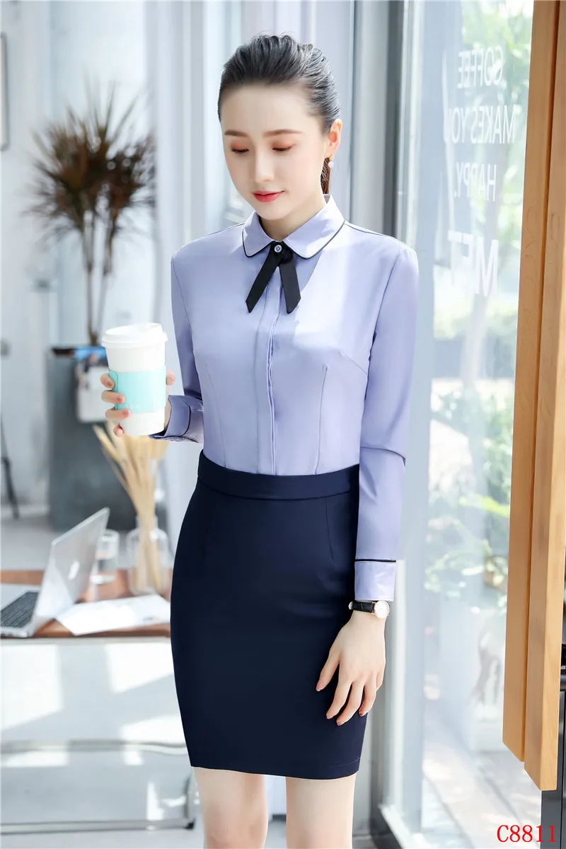Формальные Для женщин Бизнес костюмы 2 шт. юбка и топ устанавливает блузки и рубашки дамы Офис Единые Стили