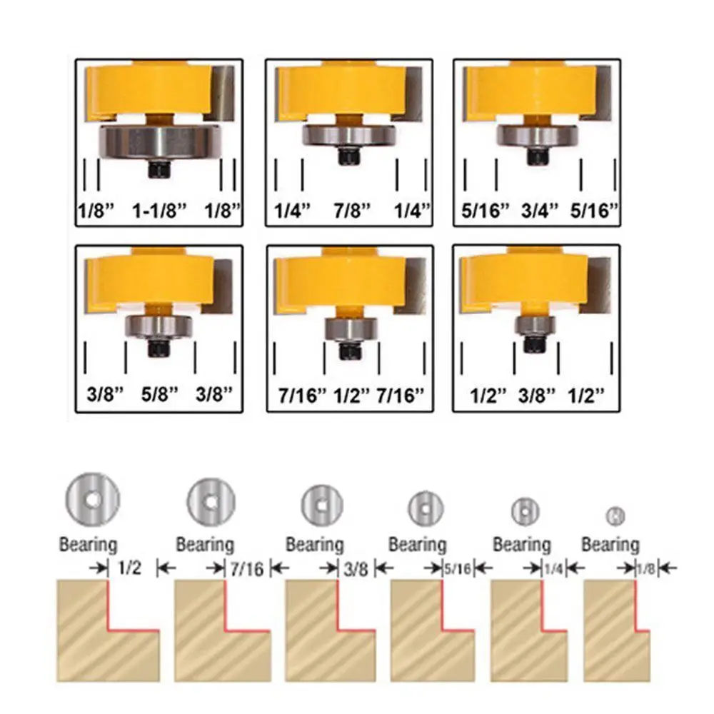 1/4 дюймов хвостовик Rabbeting маршрутизатор бит с 6 набор подшипников для нескольких глубин 1/8 дюймов, 5/16 дюймов, 3/8 дюймов