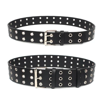 

2019 silver 2 Row Grommet Fashion Belts For Women metal Double Pin Buckle Designer PU Leather Waist strap for ladies jeans punk
