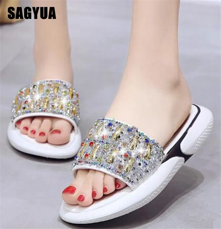 

New Transparent Women slippers crystal Sequin Ladies Open toe sandals Flat Casual shoes fashion outdoor Female slippers A432