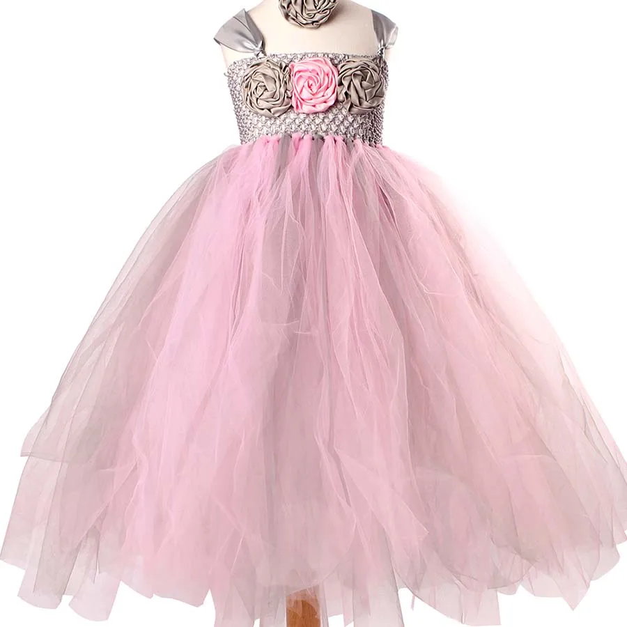 Princess Pink and Grey Flowers Tutu Dress with headband Girls Formal Wedding (2)