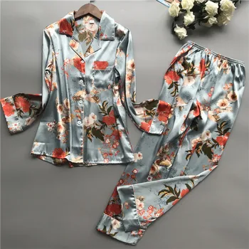

Print Flower Sexy Women Sleepwear Spring Summer Long Sleeve Pajama Pyjama PJ Suit Lounge Home Wear Satin 2PCS Nightwear L XL