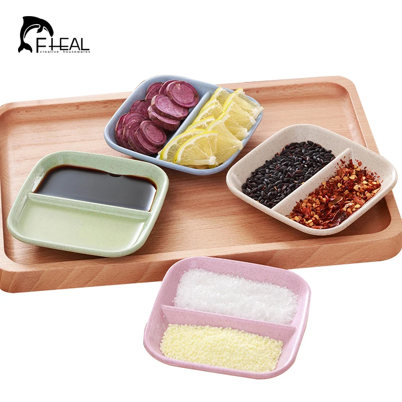 

FHEAL Double Lattice Wheat Straw Seasoning Dish ketchup Soy Sauce Vinegar Fruit Sushi Snack Storage Plate Spoon Rack Tableware