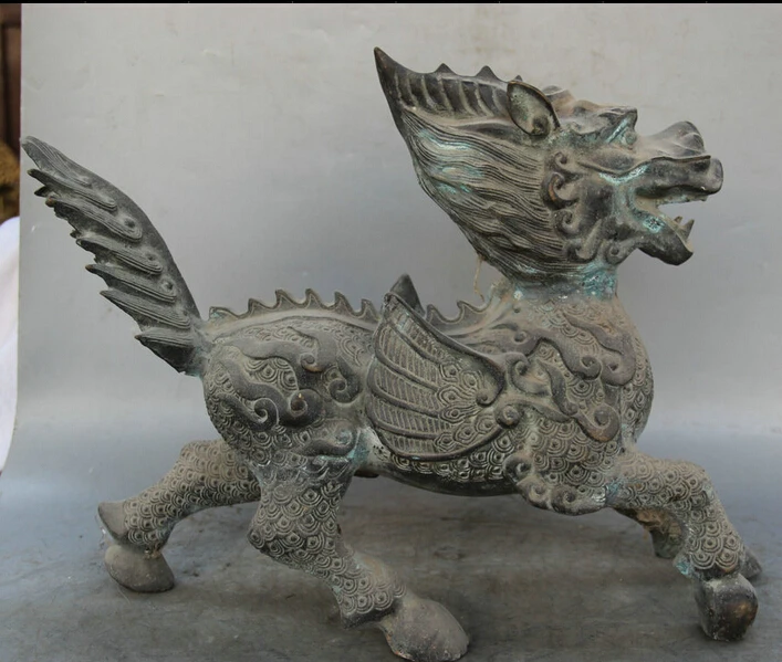 

JP S0524 16" Old Ancient Chinese Bronze Folk fly Unicorn Beast Pi Xiu sculpture Statue