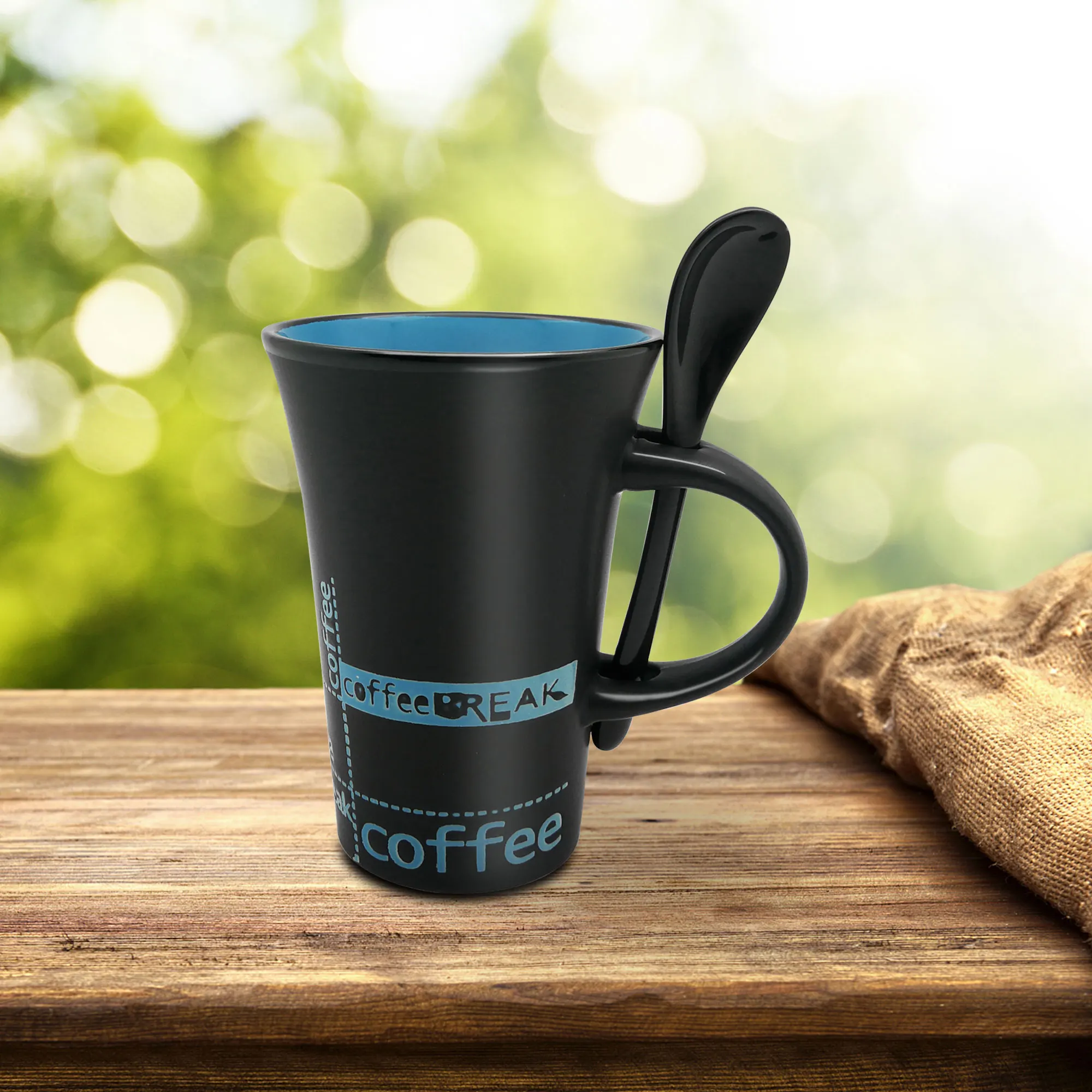 Coffee Cups And Mugs With Spoon Creative Porcelain Matte Black Ceramic Coffee Mug Milk Cup DrinkTeaWater Coffee Break Letters 1