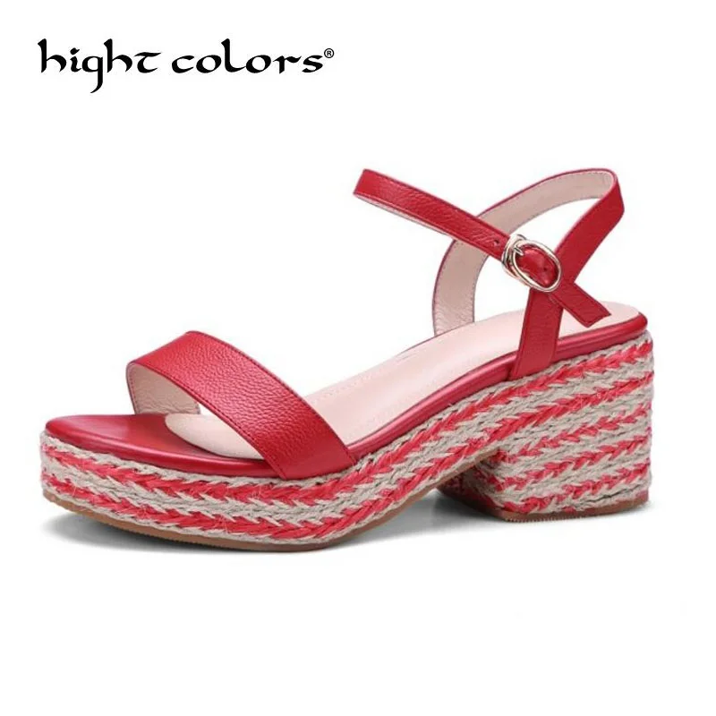

Genuine leather sandals women high heel shoes British wind 2018 summer buckle platform sandals for women sandalias mujer
