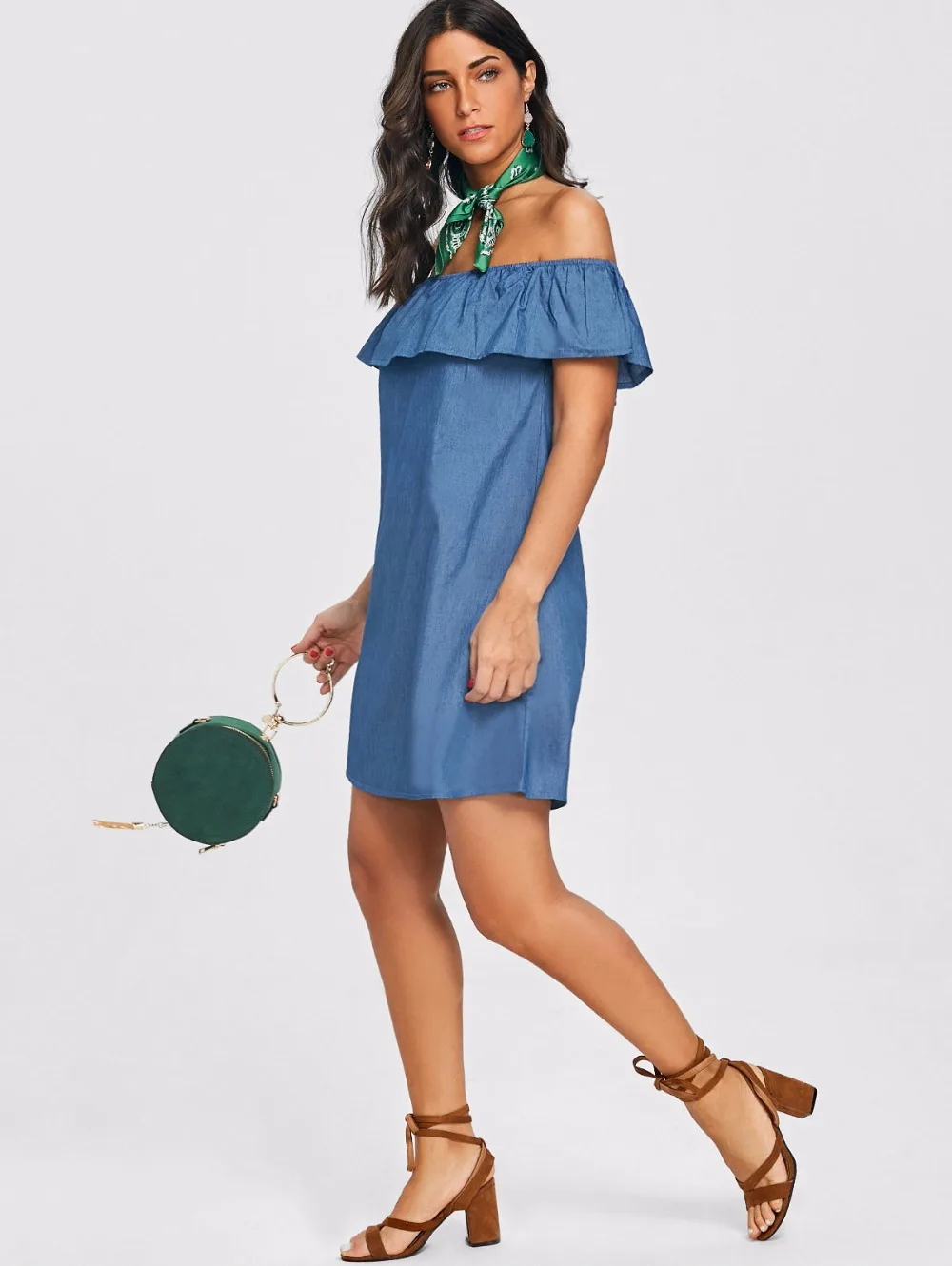 VESTLINDA Off The Shoulder Flounce Denim Dress Mini Short Casual Women Dress Summer 2018 Vestidos De Festa Female Shift Dress 4